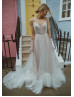 Spaghetti Straps Ivory Lace Tulle Blush Lining Romantic Wedding Dress